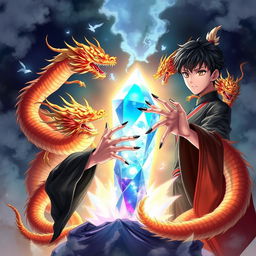 An epic book cover featuring a magical crystal surrounded by floating Chinese dragons