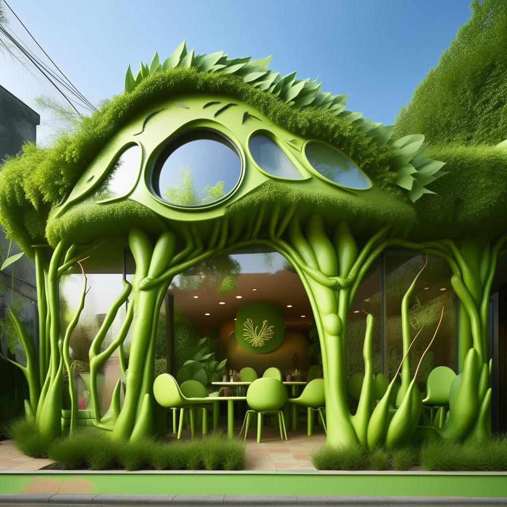 An exterior elevation view of a whimsical grasshopper-themed cafe, with grasshopper sculptures adorning the building. The facade should be in vibrant shades of green with leaf-inspired architectural features and windows resembling insect eyes. The signage also reflects the bug theme.