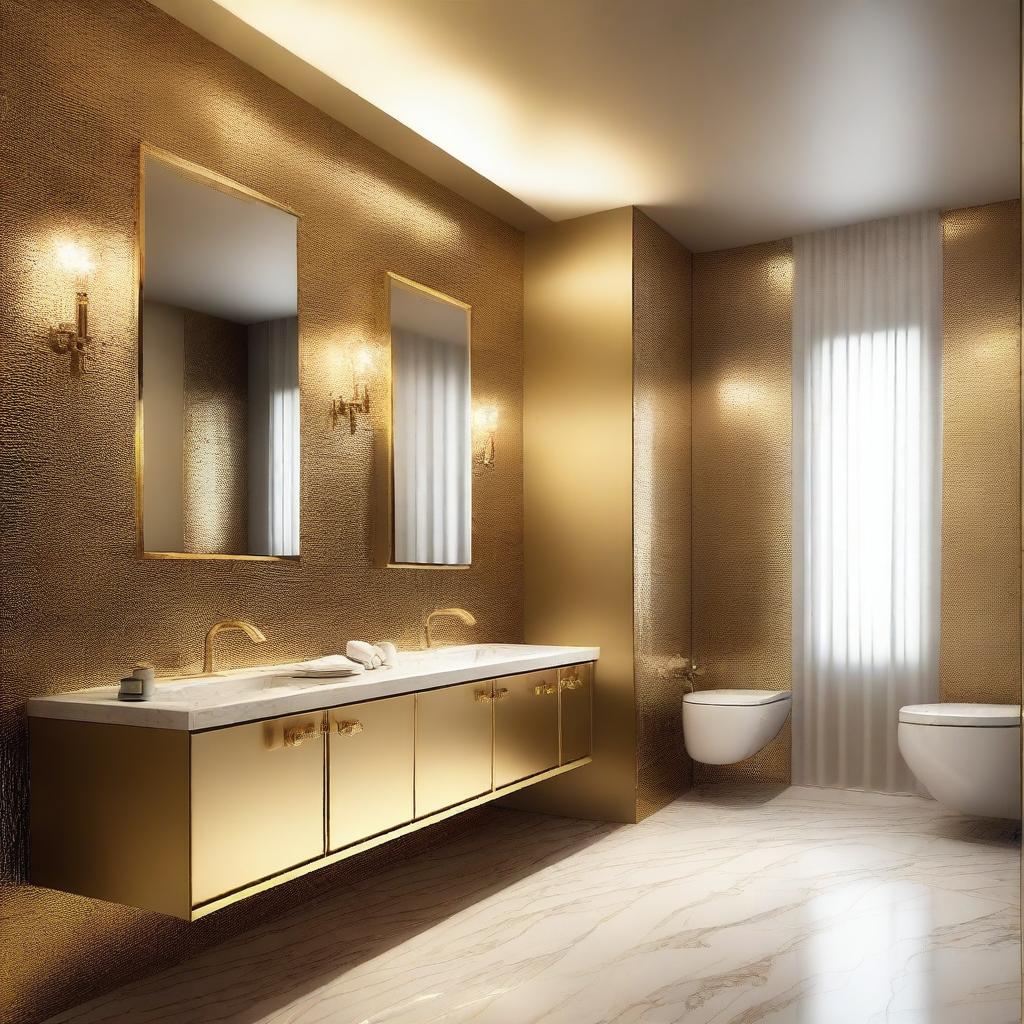 A luxury public restroom decked out in various shades of shimmering gold