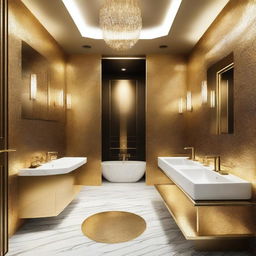 A luxury public restroom decked out in various shades of shimmering gold