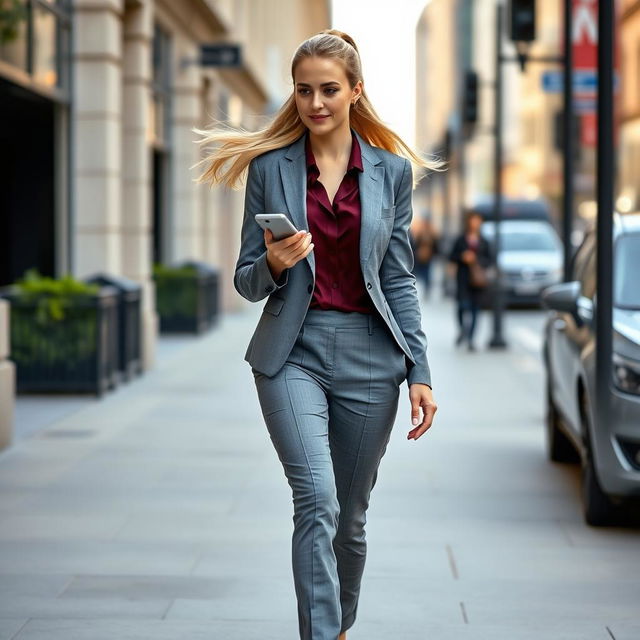 A pretty woman confidently walking down a city street