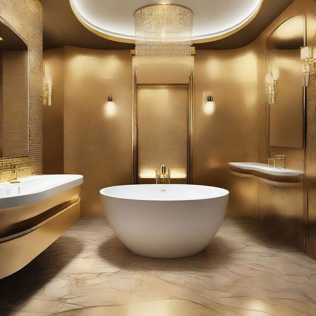 A luxury public restroom decked out in various shades of shimmering gold