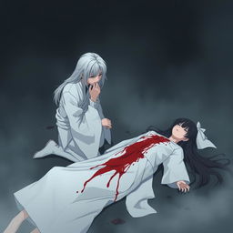 A dark illustration featuring a young man with long white hair wearing a white hanfu, kneeling and crying beside a bloodied corpse of a girl with long black hair also dressed in a white hanfu