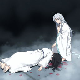 A dark illustration featuring a young man with long white hair wearing a white hanfu, kneeling and crying beside a bloodied corpse of a girl with long black hair also dressed in a white hanfu