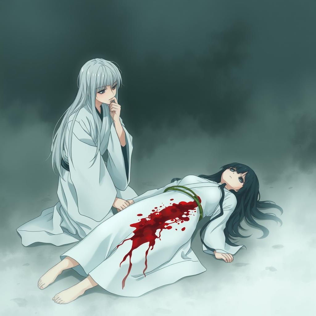 A dark illustration featuring a young man with long white hair wearing a white hanfu, kneeling and crying beside a bloodied corpse of a girl with long black hair also dressed in a white hanfu