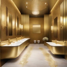 A luxury public restroom decked out in various shades of shimmering gold