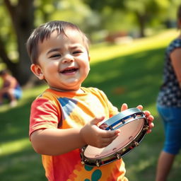 A chubby young boy happily playing a tambourine, with a cheerful expression on his face