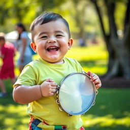 A chubby young boy happily playing a tambourine, with a cheerful expression on his face