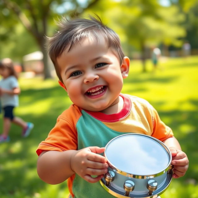 A chubby young boy happily playing a tambourine, with a cheerful expression on his face