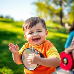 A chubby young boy happily playing a tambourine, with a cheerful expression on his face