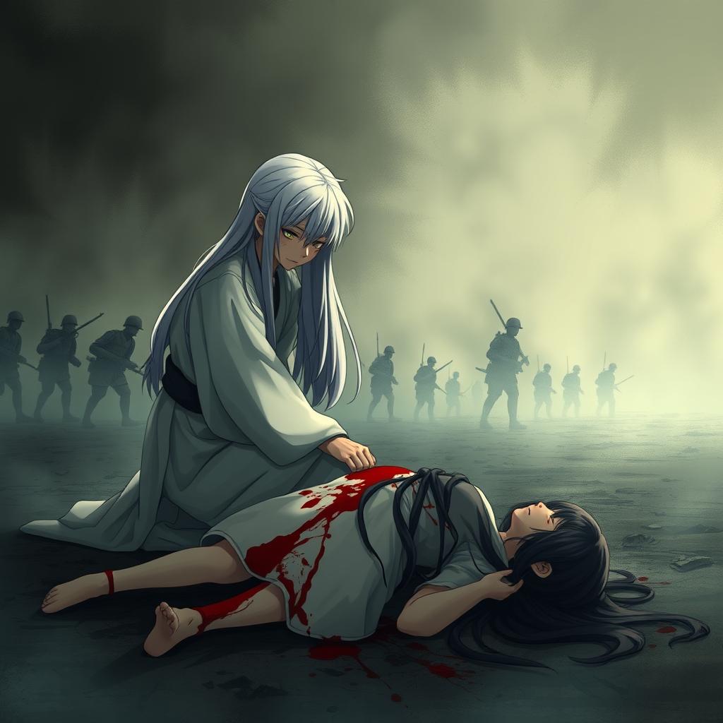 A dark illustration in anime style depicting a young man with long white hair wearing a white hanfu, kneeling and crying beside a bloodied corpse of a girl with long black hair in the midst of war