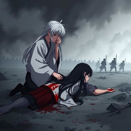 A dark illustration in anime style depicting a young man with long white hair wearing a white hanfu, kneeling and crying beside a bloodied corpse of a girl with long black hair in the midst of war