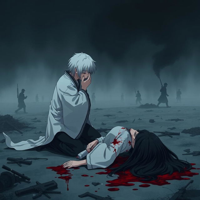 A dark illustration in anime style depicting a young man with long white hair wearing a white hanfu, kneeling and crying beside a bloodied corpse of a girl with long black hair in the midst of war