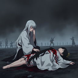 A dark illustration in anime style depicting a young man with long white hair wearing a white hanfu, kneeling and crying beside a bloodied corpse of a girl with long black hair in the midst of war