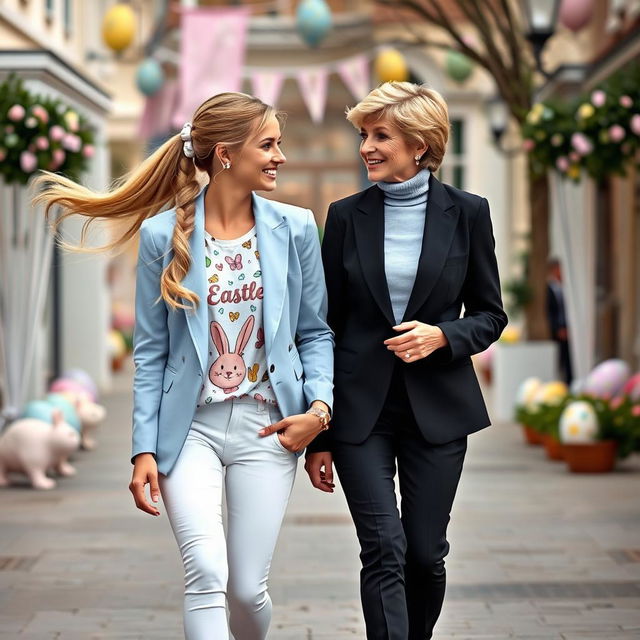 A beautiful scene of two women walking down the street on Easter