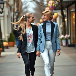 A beautiful scene of two women walking down the street on Easter