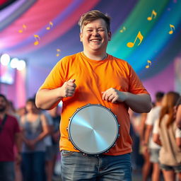 A 20-year-old overweight white male holding a tambourine with a cheerful expression, standing against a colorful backdrop