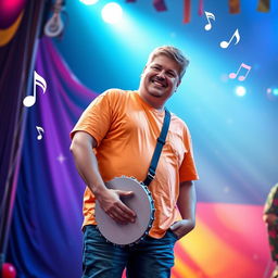 A 20-year-old overweight white male holding a tambourine with a cheerful expression, standing against a colorful backdrop