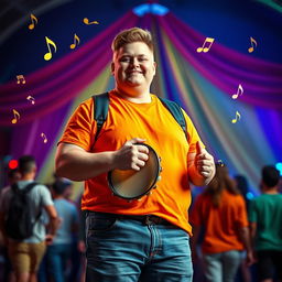 A 20-year-old overweight white male holding a tambourine with a cheerful expression, standing against a colorful backdrop