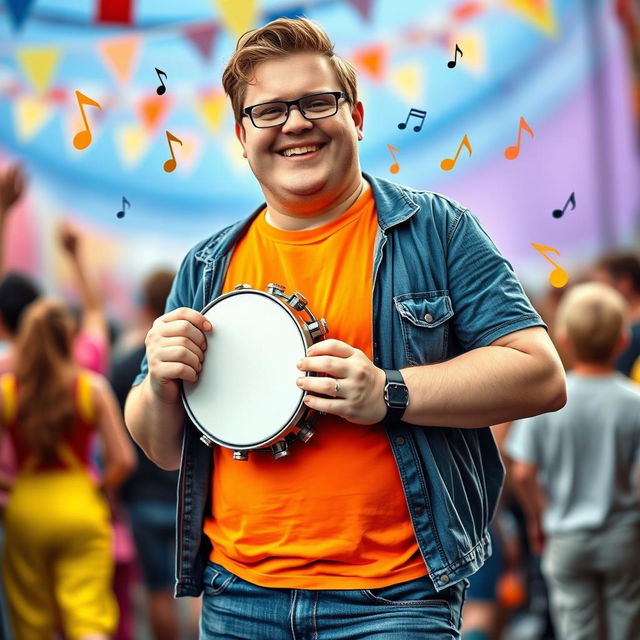 A 20-year-old overweight white male holding a tambourine with a cheerful expression, standing against a colorful backdrop