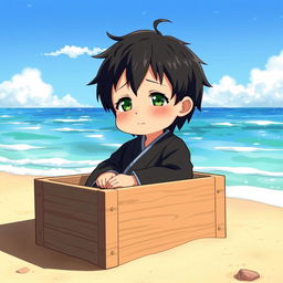 On the seashore, a small, tired boy with black hair and green eyes sits in a wooden box, wearing a black hanfu