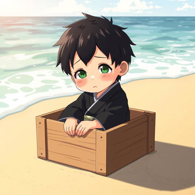 On the seashore, a small, tired boy with black hair and green eyes sits in a wooden box, wearing a black hanfu