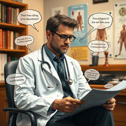 An imaginative portrayal of a doctor in a white coat, with a stethoscope around their neck, sitting in their office, lost in thought