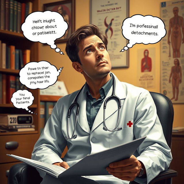 An imaginative portrayal of a doctor in a white coat, with a stethoscope around their neck, sitting in their office, lost in thought