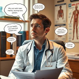 An imaginative portrayal of a doctor in a white coat, with a stethoscope around their neck, sitting in their office, lost in thought