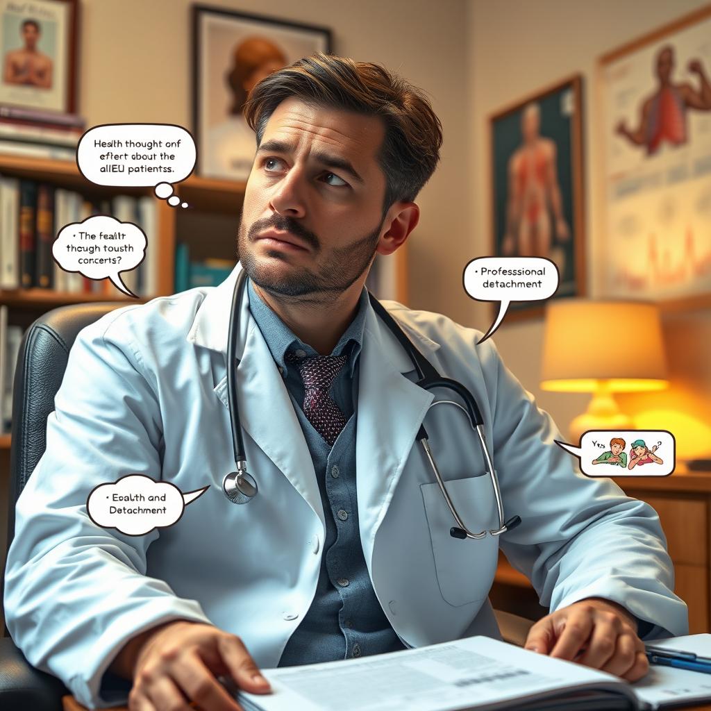 An imaginative portrayal of a doctor in a white coat, with a stethoscope around their neck, sitting in their office, lost in thought