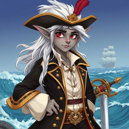 An elf with smooth grey skin, striking red eyes, and flowing white hair, dressed in detailed swashbuckler pirate clothing