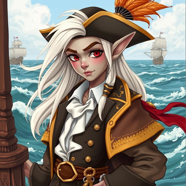 An elf with smooth grey skin, striking red eyes, and flowing white hair, dressed in detailed swashbuckler pirate clothing