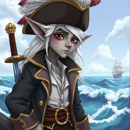 An elf with smooth grey skin, striking red eyes, and flowing white hair, dressed in detailed swashbuckler pirate clothing