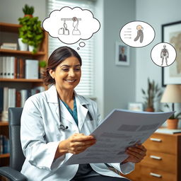 An insightful portrayal of a woman doctor in a white coat, gently smiling as she reviews a patient's medical chart in her office