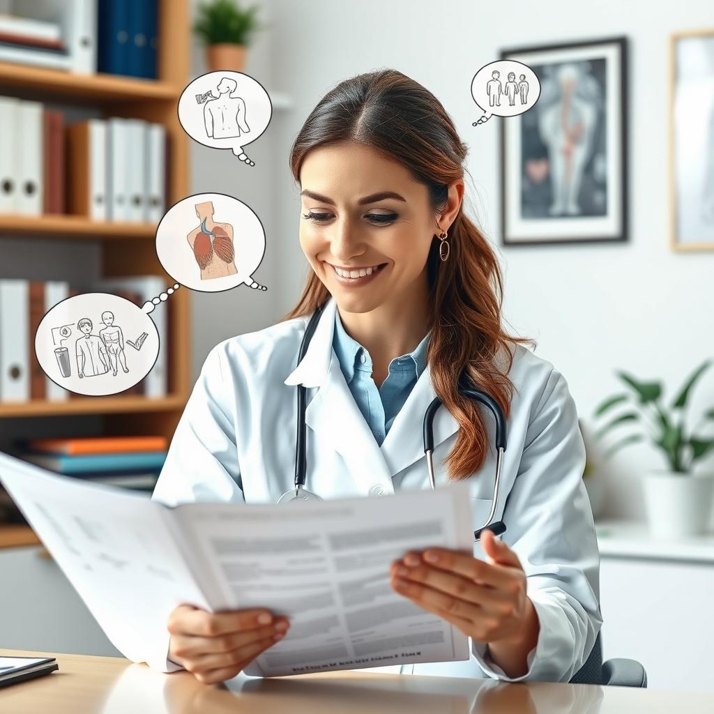 An insightful portrayal of a woman doctor in a white coat, gently smiling as she reviews a patient's medical chart in her office