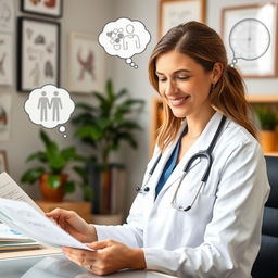 An insightful portrayal of a woman doctor in a white coat, gently smiling as she reviews a patient's medical chart in her office