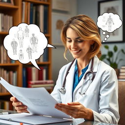 An insightful portrayal of a woman doctor in a white coat, gently smiling as she reviews a patient's medical chart in her office