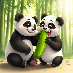 A playful scene depicting two adorable giant pandas engaging in a humorous tussle over a bright green pickle