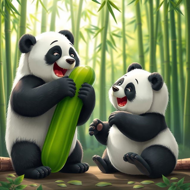 A playful scene depicting two adorable giant pandas engaging in a humorous tussle over a bright green pickle