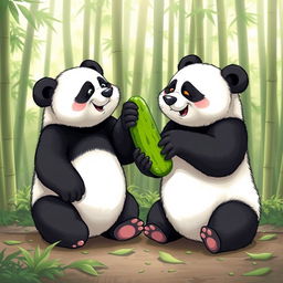A playful scene depicting two adorable giant pandas engaging in a humorous tussle over a bright green pickle