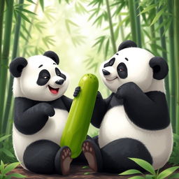 A playful scene depicting two adorable giant pandas engaging in a humorous tussle over a bright green pickle