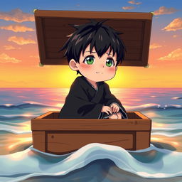 On a seaside, a small, tired boy with black hair and green eyes sitting inside a large, deep wooden box