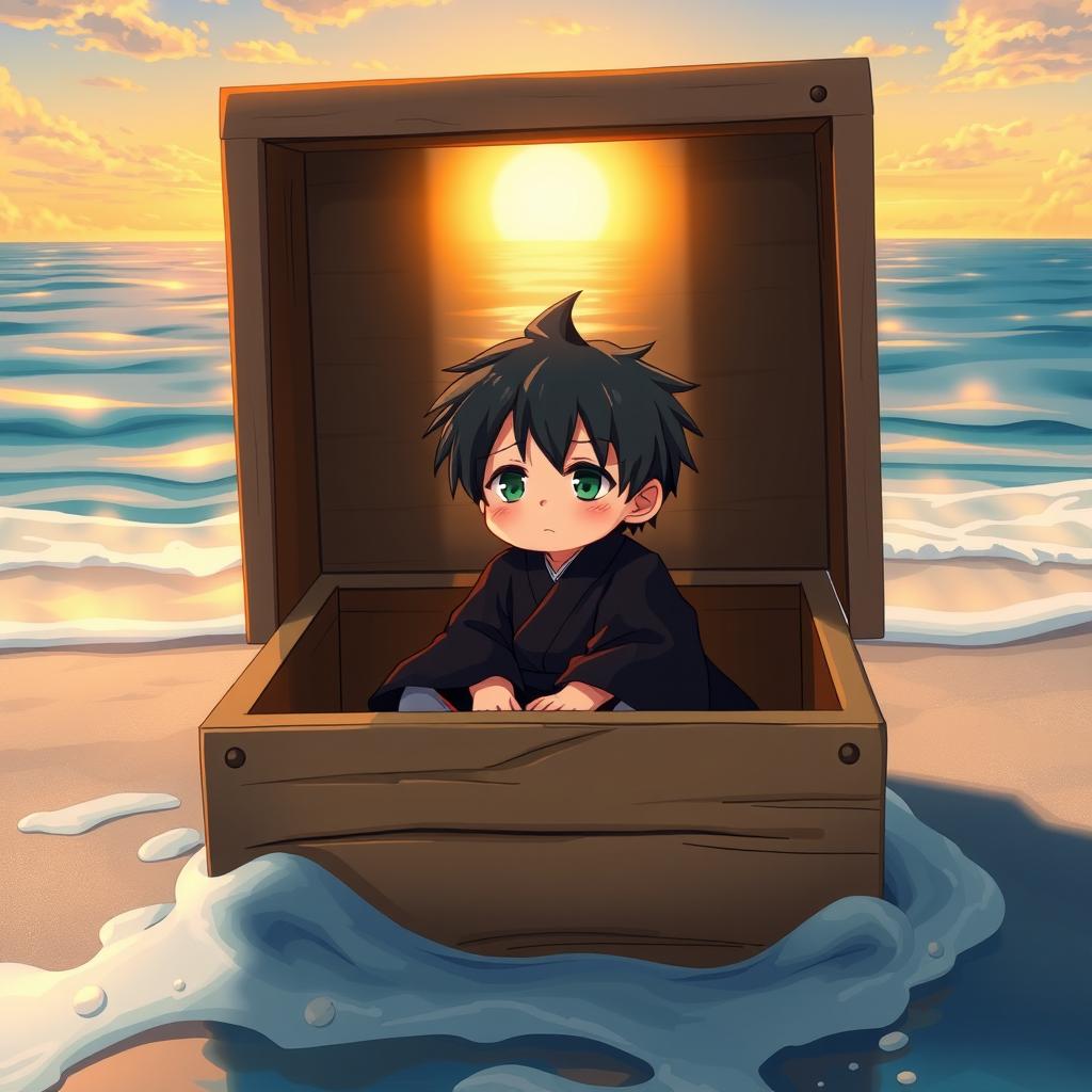 On a seaside, a small, tired boy with black hair and green eyes sitting inside a large, deep wooden box