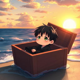 On a seaside, a small, tired boy with black hair and green eyes sitting inside a large, deep wooden box