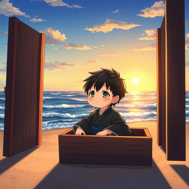 On a seaside, a small, tired boy with black hair and green eyes sitting inside a large, deep wooden box