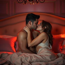 A sensual scene depicting intimacy between two adults in a beautifully lit bedroom, featuring elegant decor with soft pillows and lush fabrics