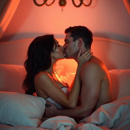A sensual scene depicting intimacy between two adults in a beautifully lit bedroom, featuring elegant decor with soft pillows and lush fabrics