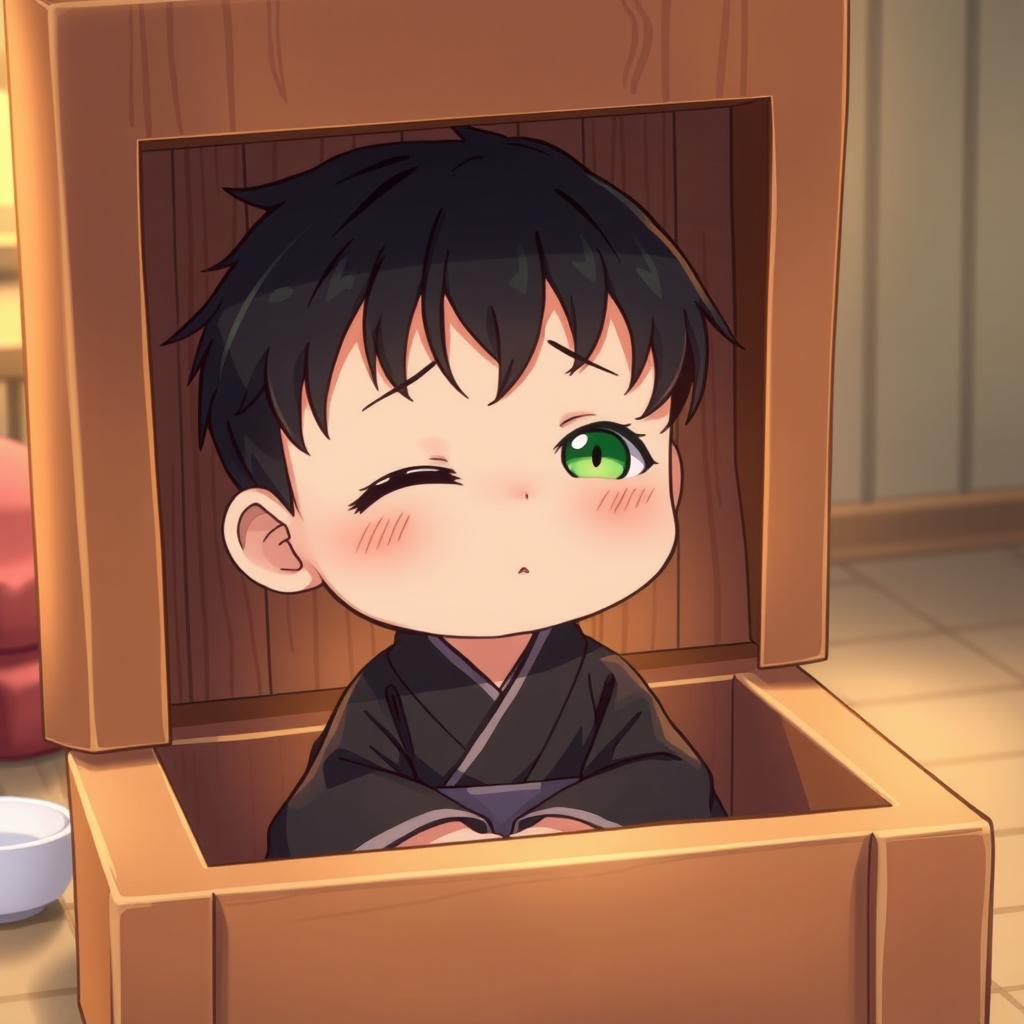 Inside a large, deep wooden box sits a small, tired boy with black hair and green eyes, dressed in a black hanfu