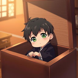 Inside a large, deep wooden box sits a small, tired boy with black hair and green eyes, dressed in a black hanfu