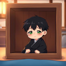 Inside a large, deep wooden box sits a small, tired boy with black hair and green eyes, dressed in a black hanfu